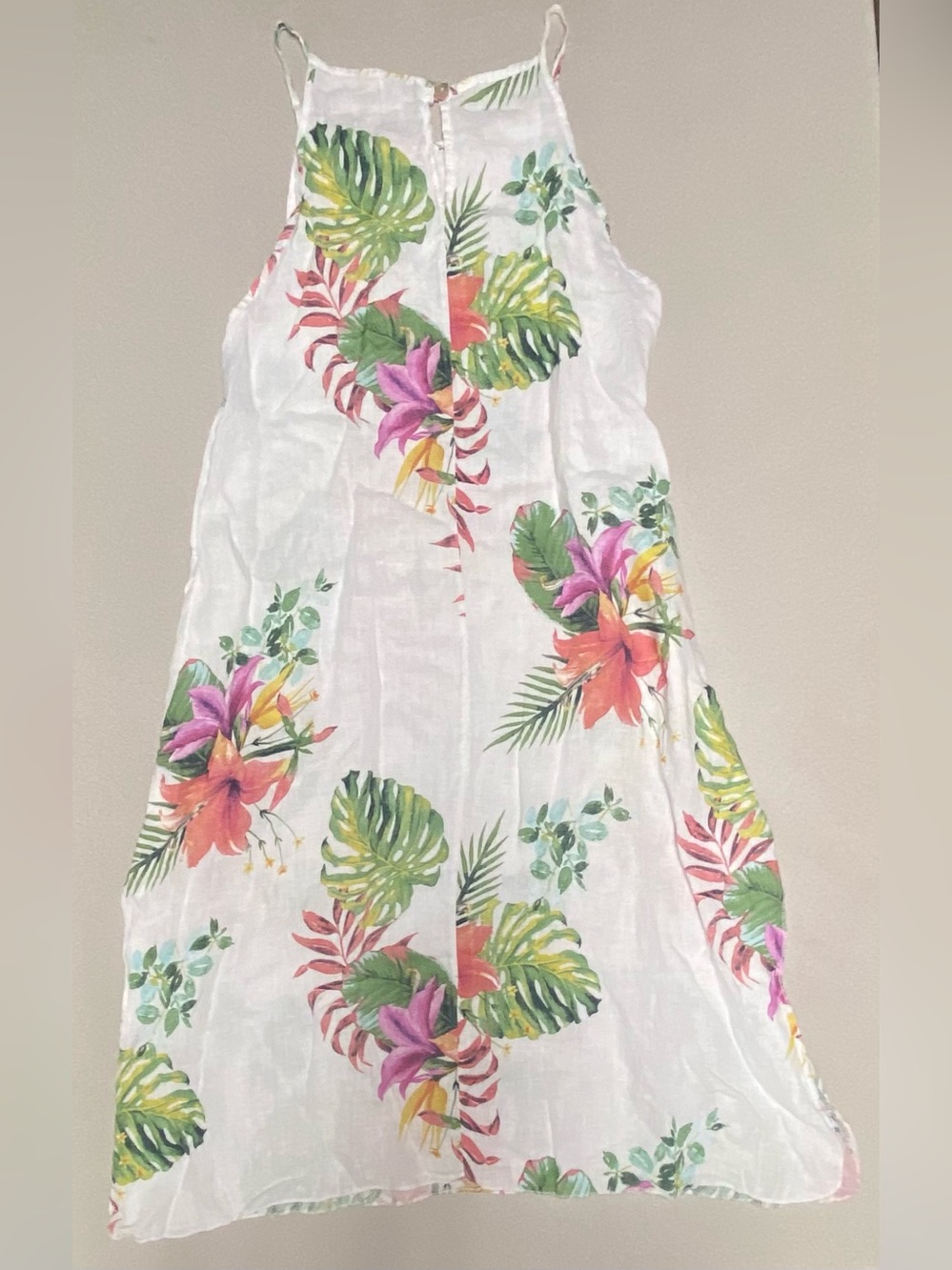 Lungo L’arno M 100% Linen Halter Hawain Beach Midi Dress Eyelet back POCKETS!